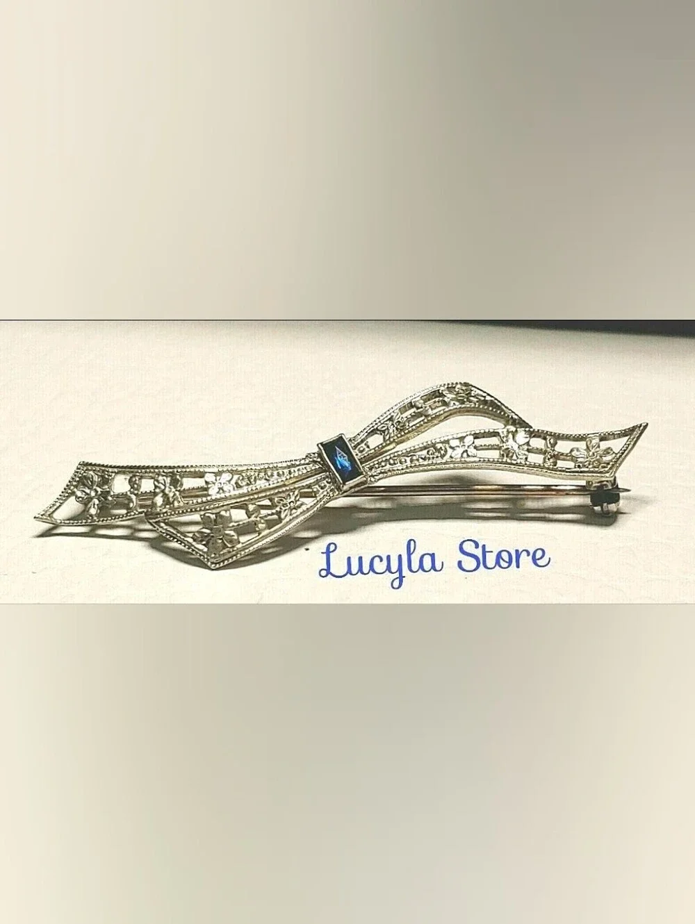 Vintage Sterling Silver 925 ART DECO Blue Rhinestone Bow Brooch /Pin hallmark